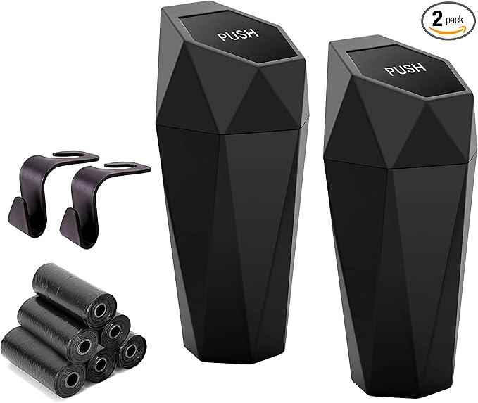 Ginsco Car Trash Can Cup Holder, 2 Pack Mini Trash Can with Lid, Car Accessories for Interior, Leakproof Small Trash Cup for Home with Additional 2 ABS Hooks and 90pcs Trash Bags Black