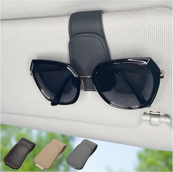 Magnetic Leather Sunglass Holder for Car, Sunglasses Clip for Car Visor, Auto Interior Accessories Universal for Different Size Eyeglasses