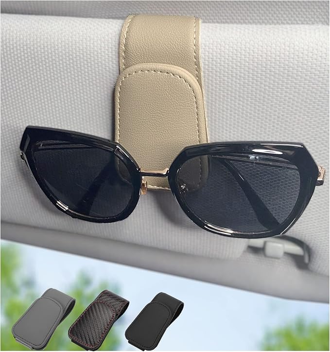Magnetic Leather Sunglass Holder for Car, Sunglasses Clip for Car Visor, Auto Interior Accessories Universal for Different Size Eyeglasses